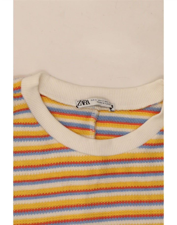 ZARA Damen Strick-Crop-Top UK 8 Small Gelb gestreift