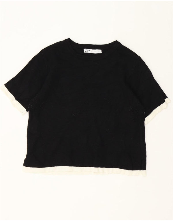 Zara Damen Crop T-Shirt Top UK 12 Medium Schwarz Colourblock Viskose