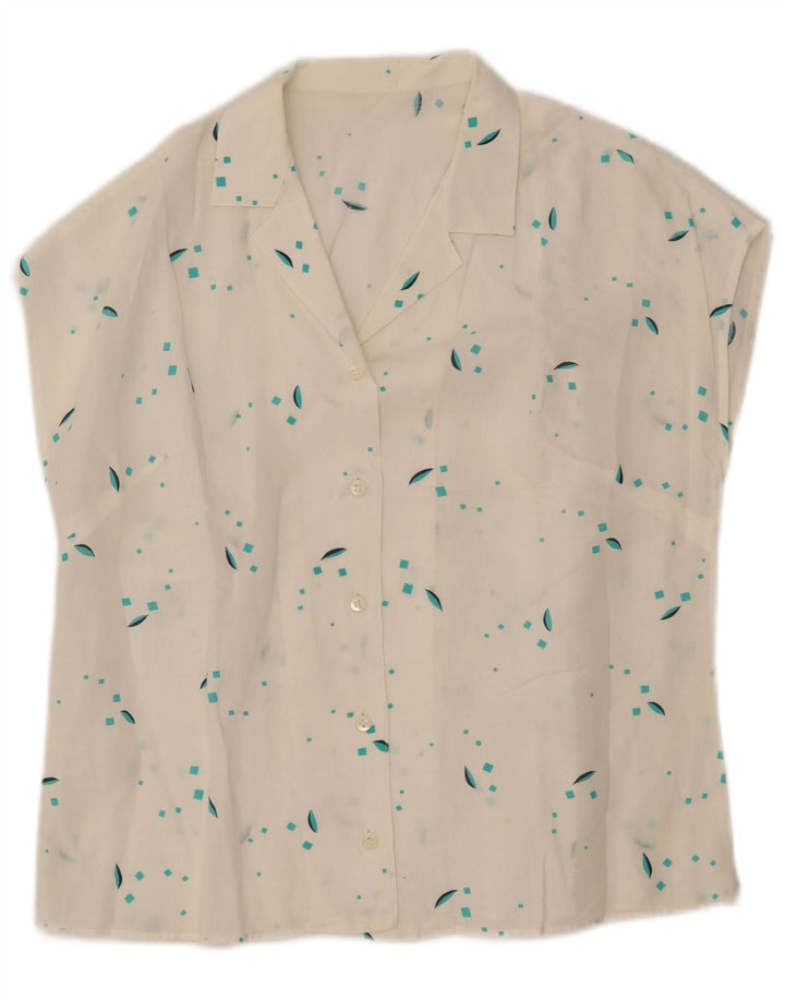 VINTAGE Damen Ärmellose Hemdbluse UK 12 Mittelweiß Geometrisch