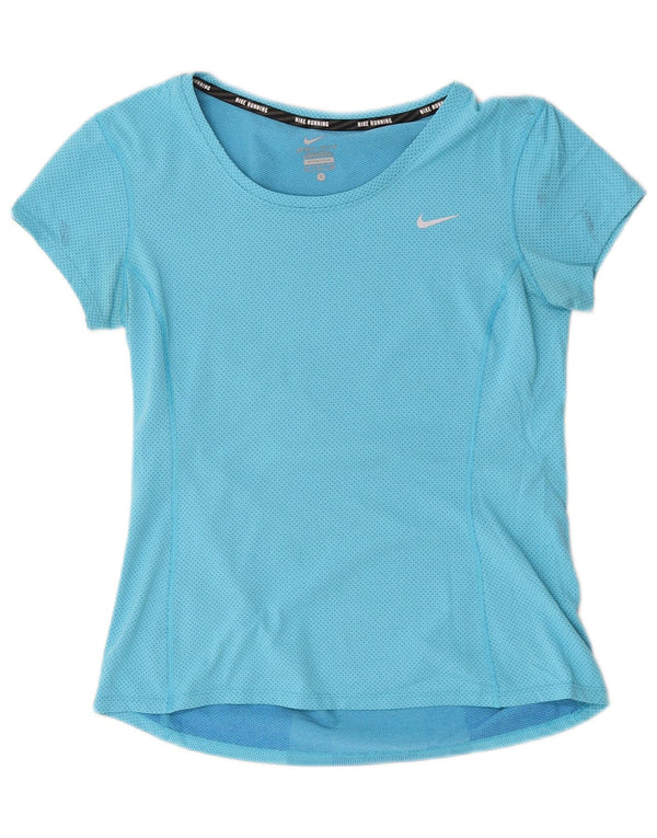 Nike Damen Dri Fit T-Shirt Top UK 10 Small Blaues Colourblock-Polyester