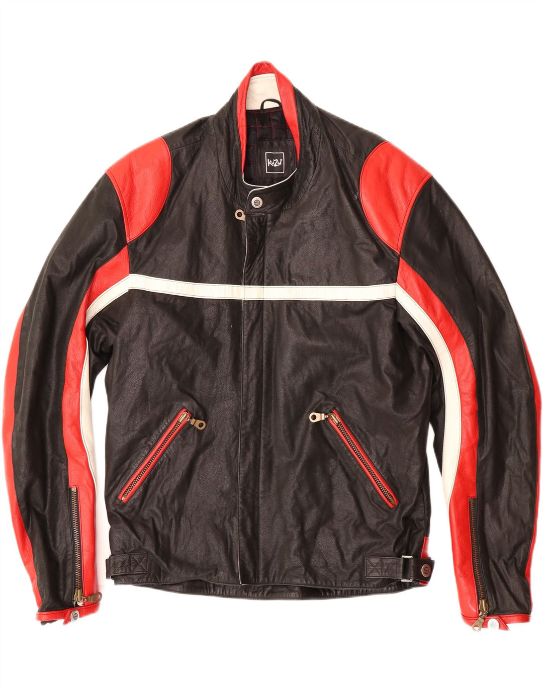 KUZU Mens Leather Racer Jacket IT 50 Large Black Colourblock Leather Vintage Kuzu and Second-Hand Kuzu from Messina Hembry 