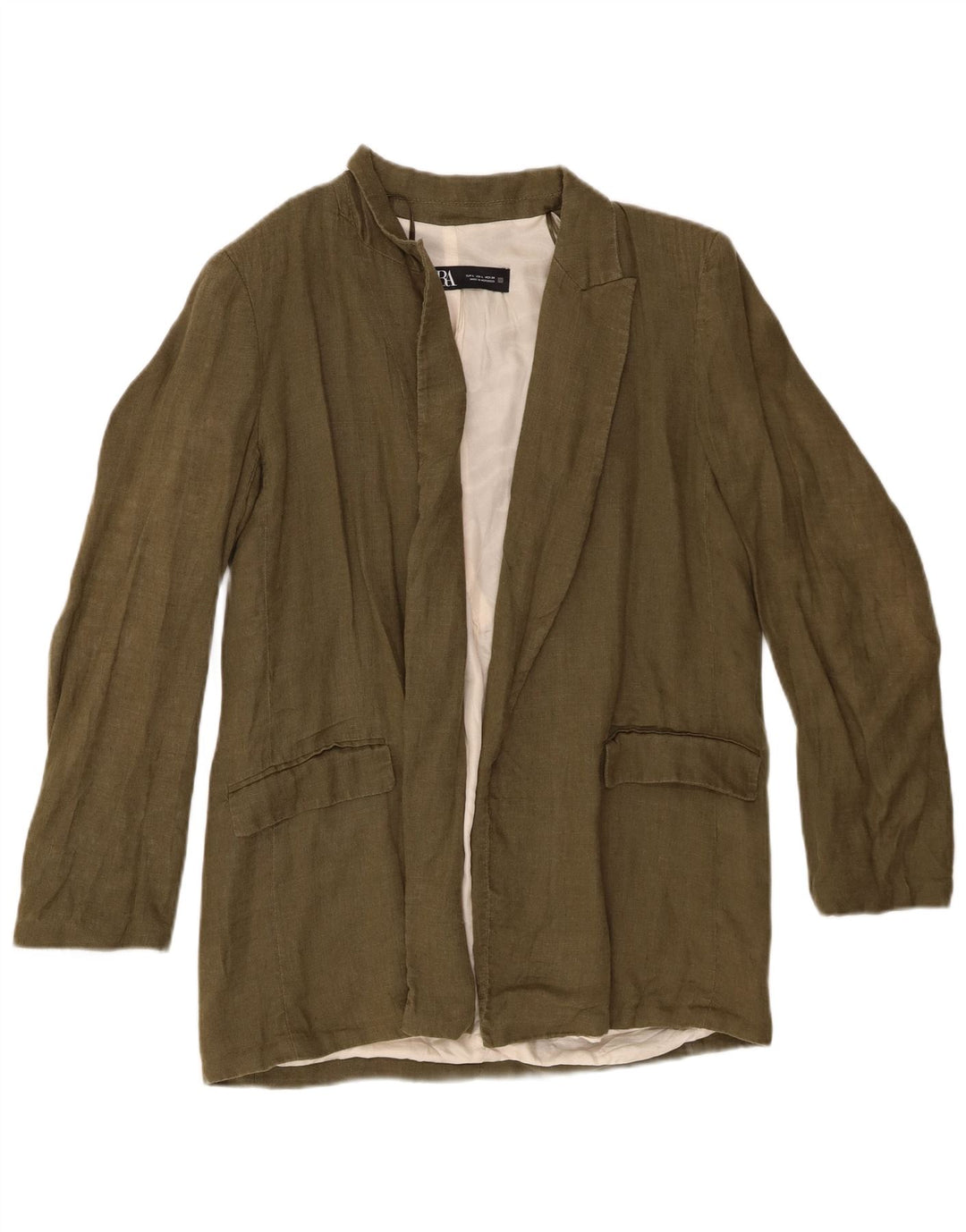 Offene Blazer-Jacke für Damen von Zara, UK 16, großes Khaki-Leinen