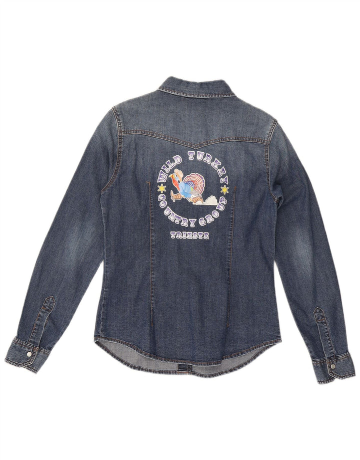Benetton Womens Graphic Denim Shirt UK 12 Mittelblaue Baumwolle