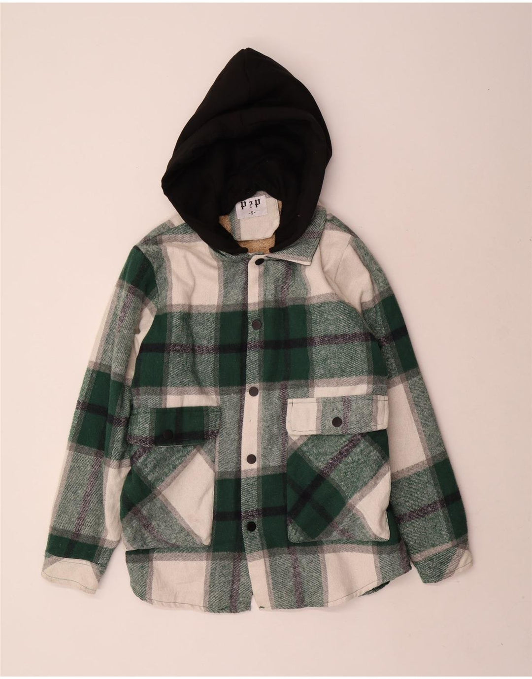 Vintage Herren-Sherpa-Utility-Jacke mit Kapuze, UK 36, klein, grün kariert, Polyester