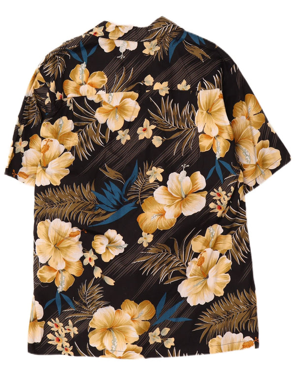 Vintage Herren Kurzarmhemd, groß, schwarz, geblümt, Baumwolle, hawaiianisch