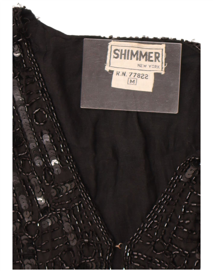 Vintage Damen Paillettenweste UK 12 Mittelschwarze Seide