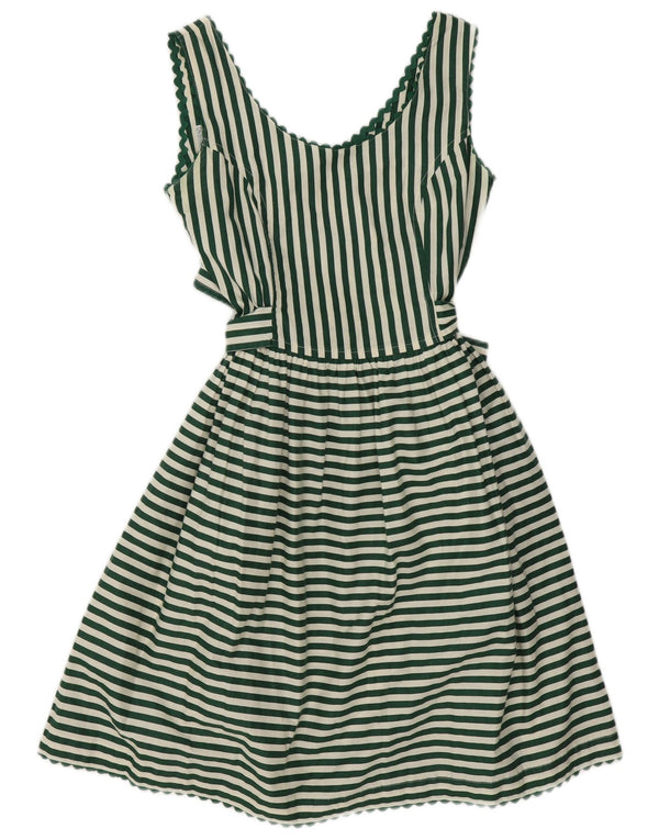 Vintage Damen Ärmelloses A-Linien-Kleid UK 10 Kleine grün gestreifte Baumwolle