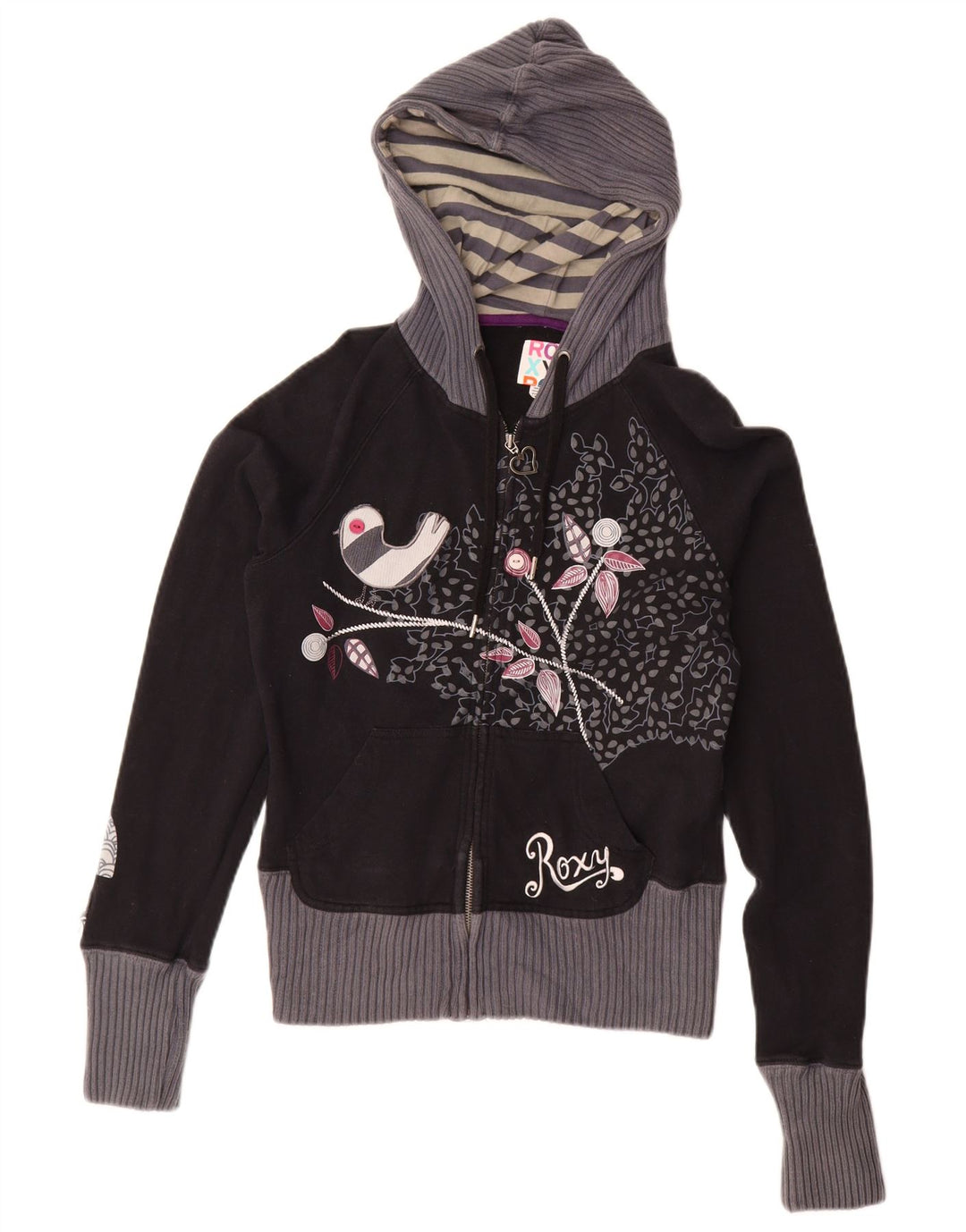 Roxy Womens Crop Graphic Zip Hoodie Pullover UK 12 Medium Black Floral