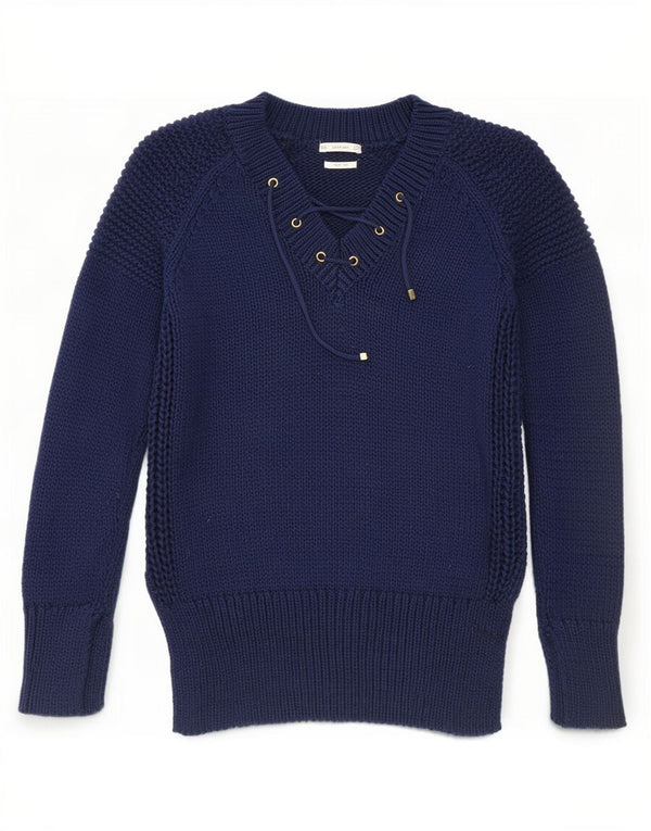 Zara Damen-Pullover mit V-Ausschnitt, Gr. 10, Größe S, Marineblau, Baumwolle