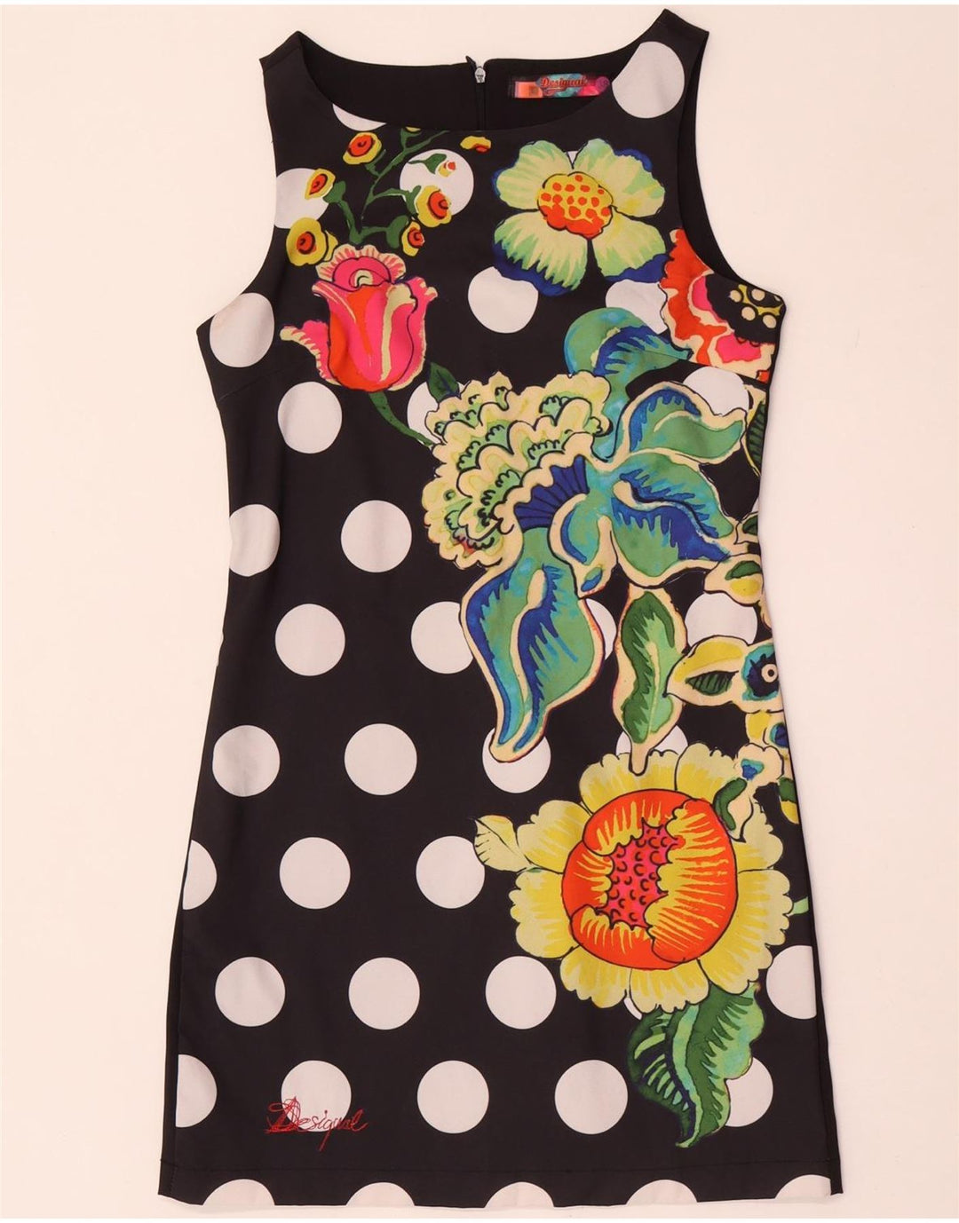 Desigual Damen Ärmelloses Etuikleid EU 38 Medium Navy Blue Polka Dot