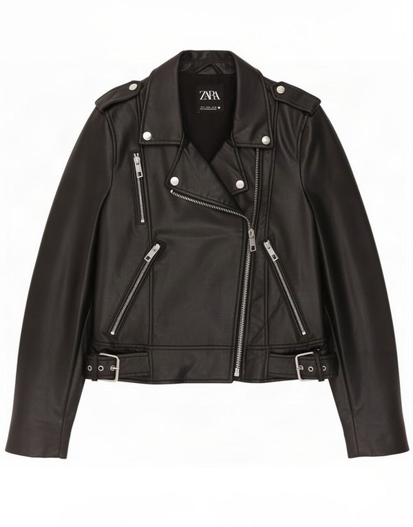 Zara Damen Kunstleder Bikerjacke UK 10 Small Schwarz