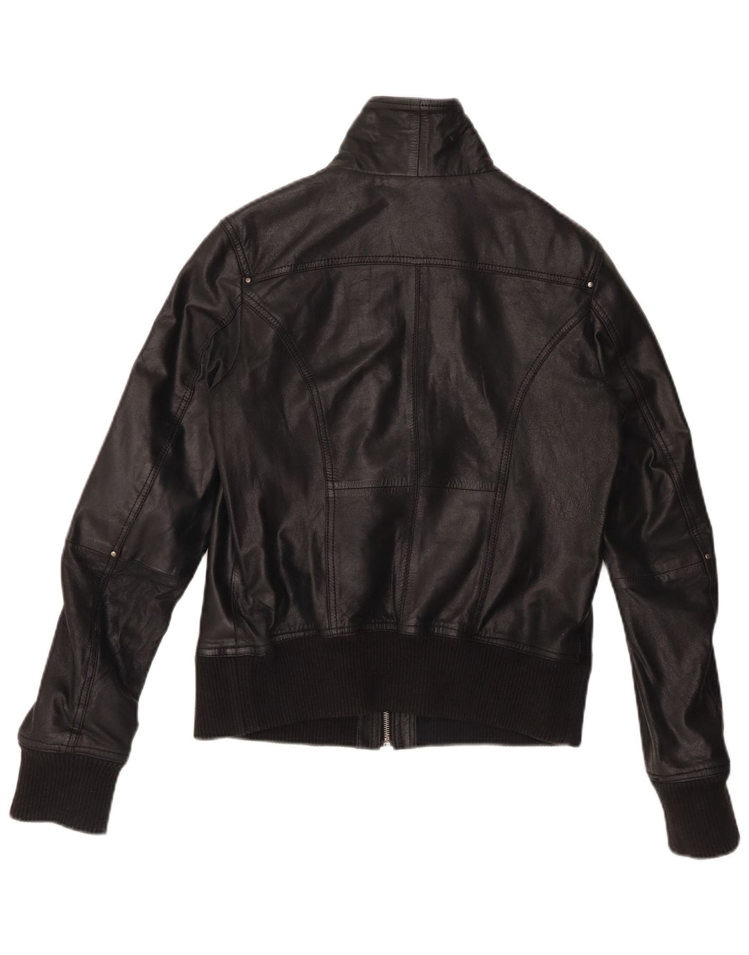 BERSHKA Damen Crop Lederjacke UK 14 Großes schwarzes Leder