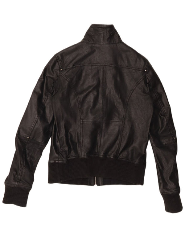 BERSHKA Damen Crop Lederjacke UK 14 Großes schwarzes Leder