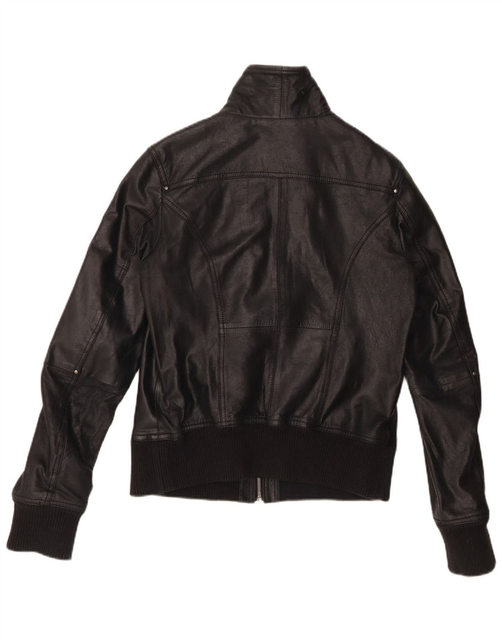 BERSHKA Damen Crop Lederjacke UK 14 Großes schwarzes Leder