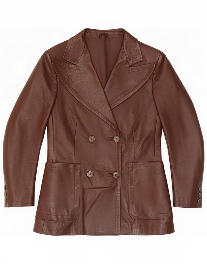 Vintage Damen Zweireihige Lederblazerjacke IT 44 Mittelbraun
