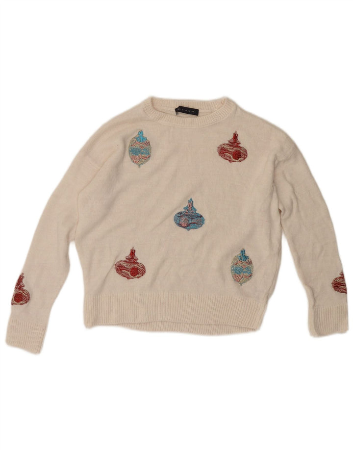 Marks & Spencer Damen-Pullover mit grafischem U-Boot-Ausschnitt, Gr. 10, Größe S, Weiß