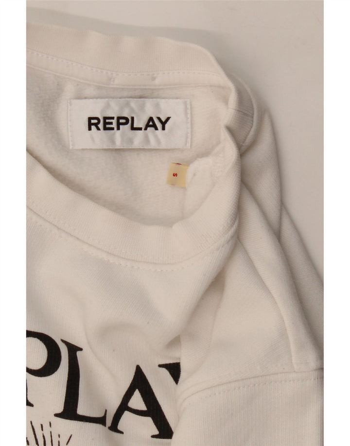 REPLAY Womens Graphic Sweatshirt Jumper UK 10 Small White Cotton Vintage Replay and Second-Hand Replay from Messina Hembry 