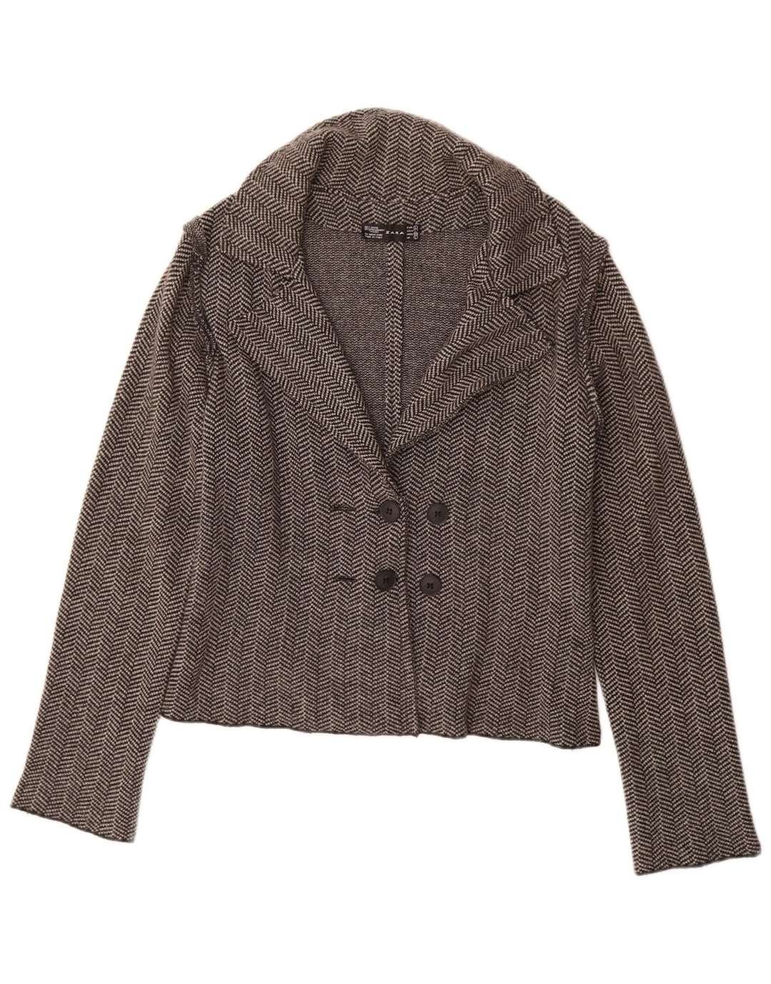 ZARA Damen-Strickblazer-Jacke, Gr. 44, großes graues Fischgrätenmuster