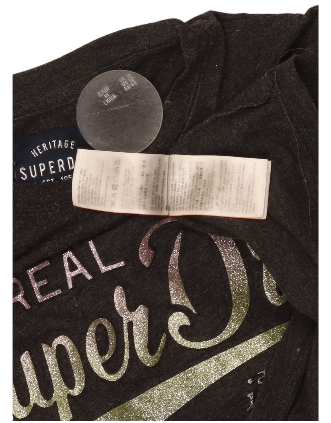 SUPERDRY Grafik-T-Shirt-Oberteil für Damen, UK 16, Größe L, grau gesprenkelte Baumwolle