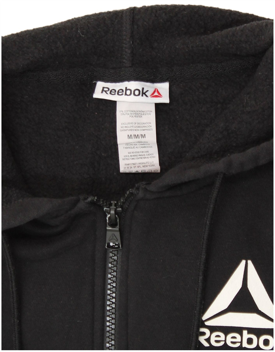 REEBOK Damen Zip Hoodie Pullover UK 14 Mittelschwarze Baumwolle