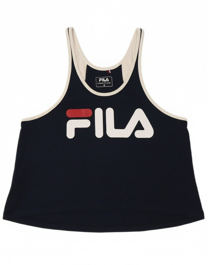 FILA Womens Crop Graphic Cami Top UK 14 Medium Navy Blue Colourblock