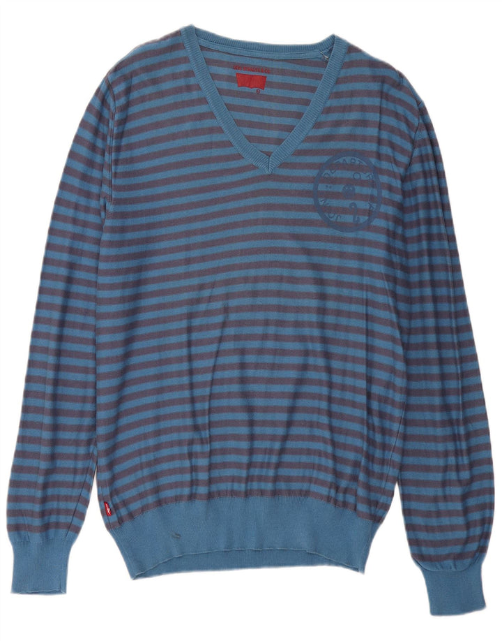 LEVI'S Herren-Pullover mit V-Ausschnitt, XL, blau gestreift, Baumwolle