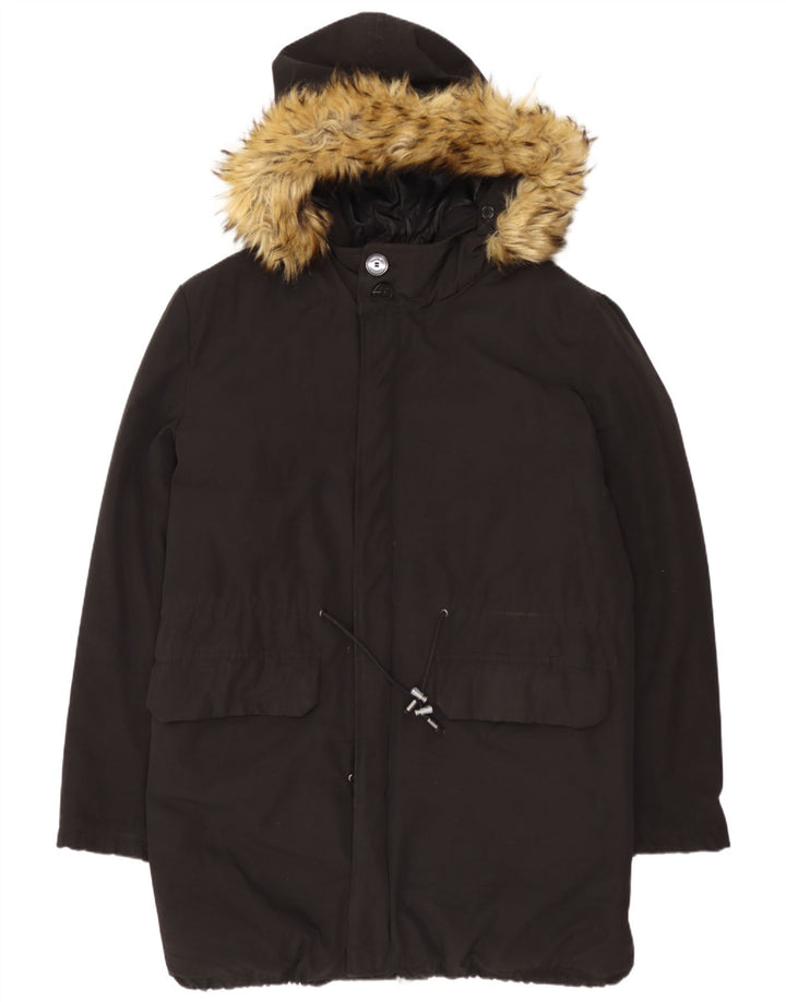 Zara Herren-Parka mit Kapuze, Größe 40, Größe L, Schwarz, Baumwolle