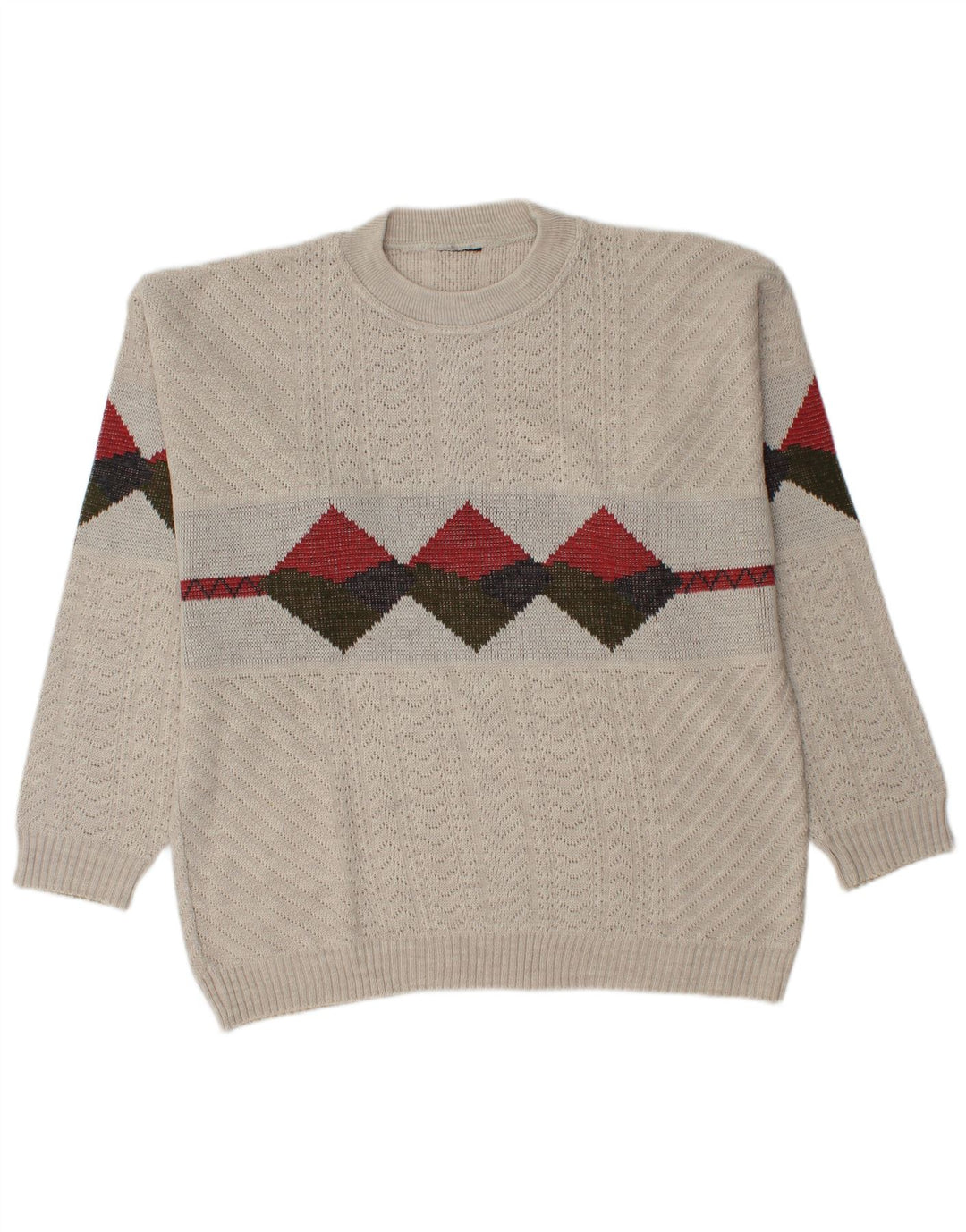 Vintage Herren Pullover mit Rundhalsausschnitt, groß, beige Argyle/Diamant-Acryl