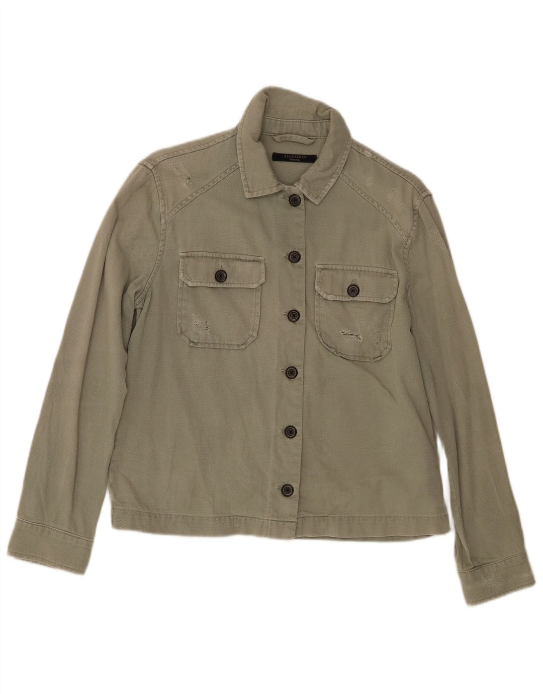 All Saints Damen-Bomberjacke im Distressed-Look, UK 14, mittlerer Khaki-Chevron