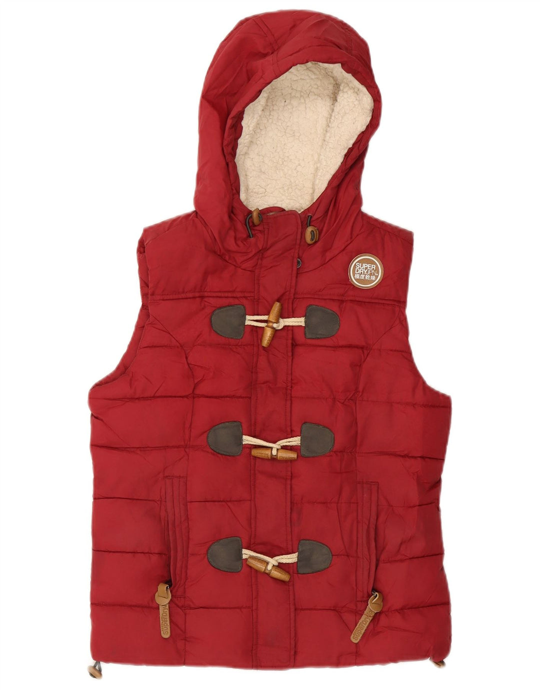 SUPERDRY Wattierte Damenweste mit Kapuze, UK 10, Größe S, Rot, Polyester