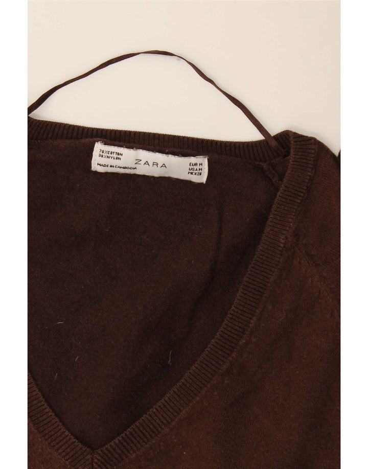 Zara Damen-Pullover mit V-Ausschnitt, UK 12, mittelbraune Baumwolle