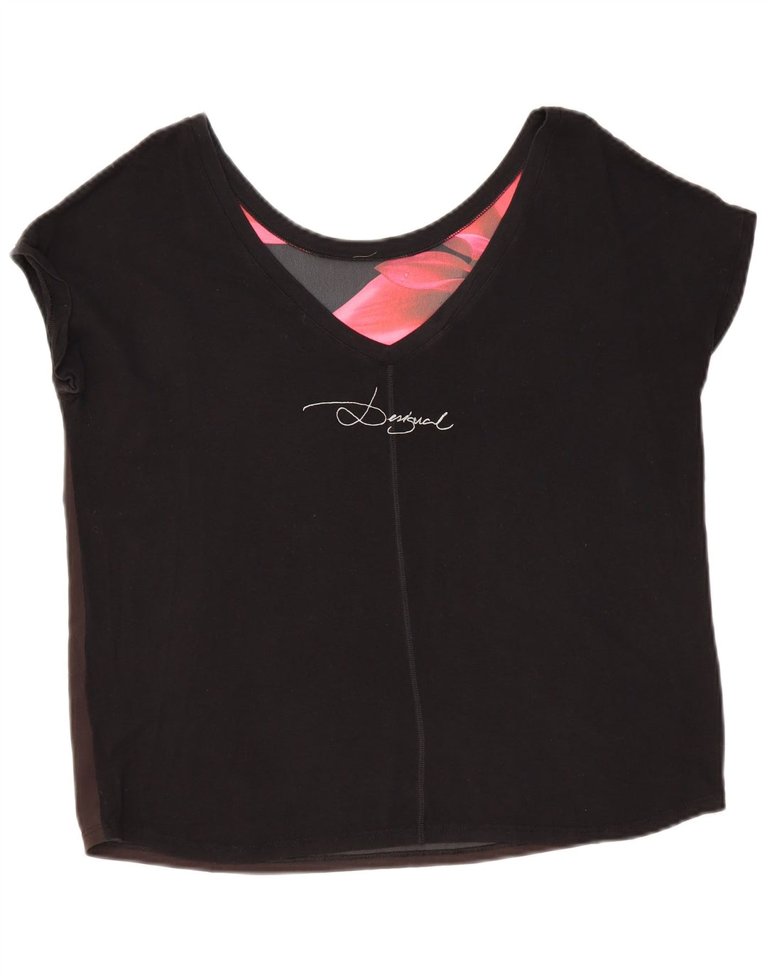 DESIGUAL Damen Übergroßes Grafik-T-Shirt-Oberteil UK 14 Mittelschwarz geblümt
