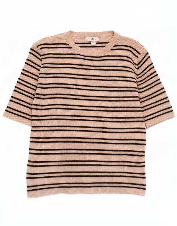 Marks & Spencer Damen T-Shirt Top UK 14 Large Beige Gestreifte Viskose