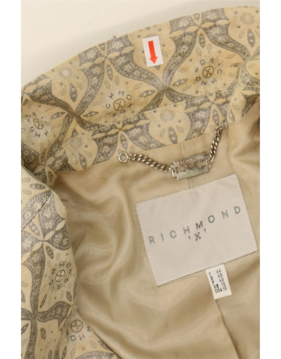 RICHMOND Womens 1 Button Blazer Jacket UK 12 Medium Beige Paisley Cotton Vintage Richmond and Second-Hand Richmond from Messina Hembry 