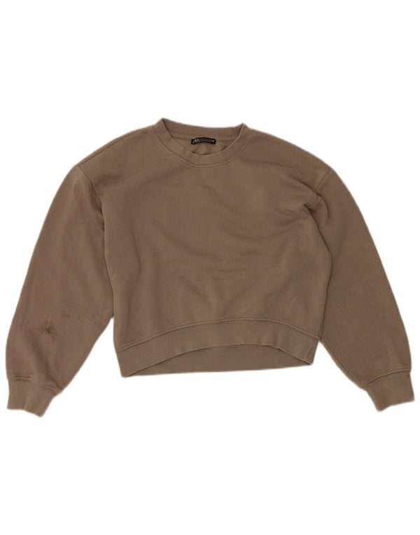 Zara Damen Crop Relaxed Fit Sweatshirt Pullover UK 8 Small Braune Baumwolle