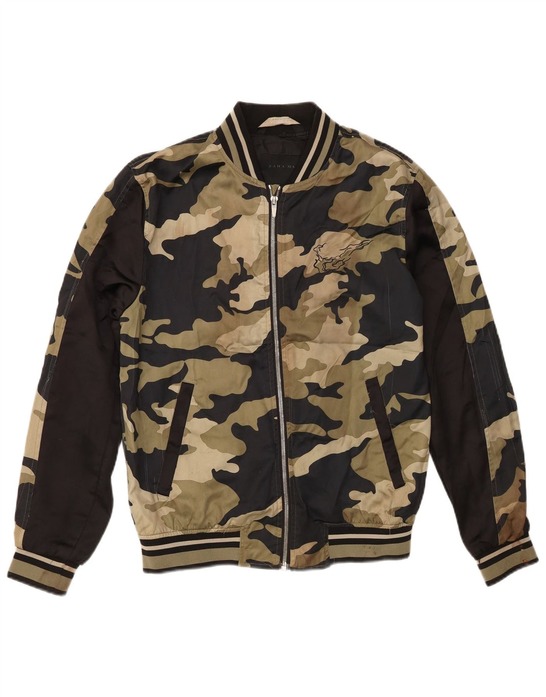 Grafische Herren-Bomberjacke von Zara, UK 38, mittleres Khaki-Tarnmuster, Polyester