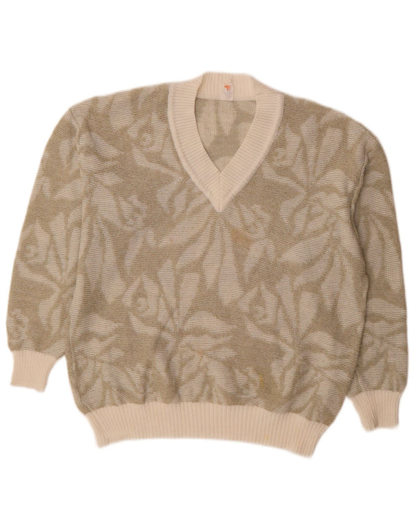 Vintage Damen V-Ausschnitt Pullover Pullover UK 16 Large Khaki Floral