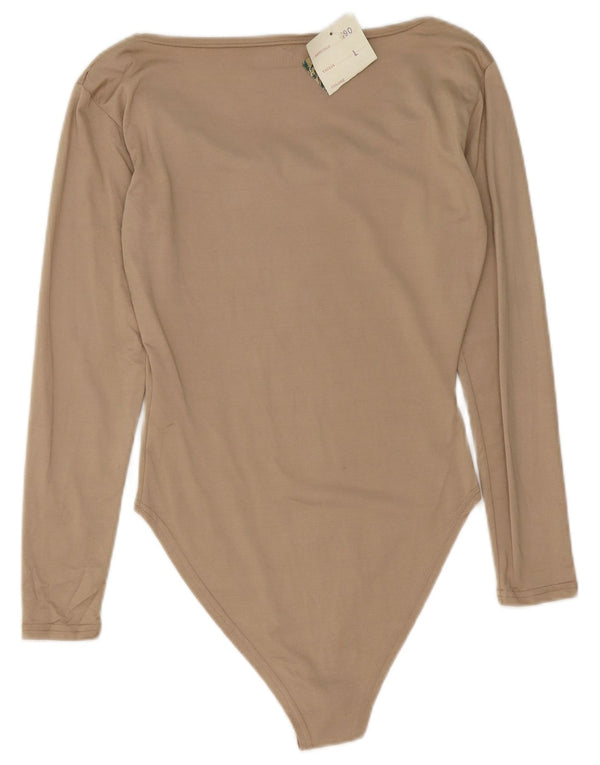 Vintage Damen Langarm-Body UK 14 Große Beige Viskose
