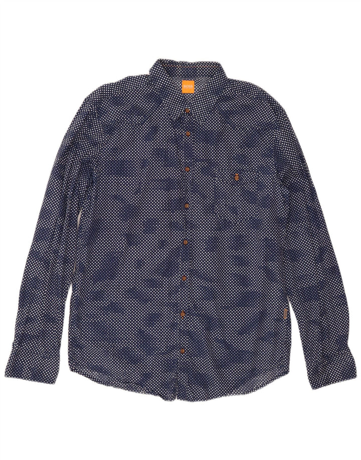 Hugo Boss Herrenhemd XL Marineblau mit geometrischem Muster aus Baumwolle
