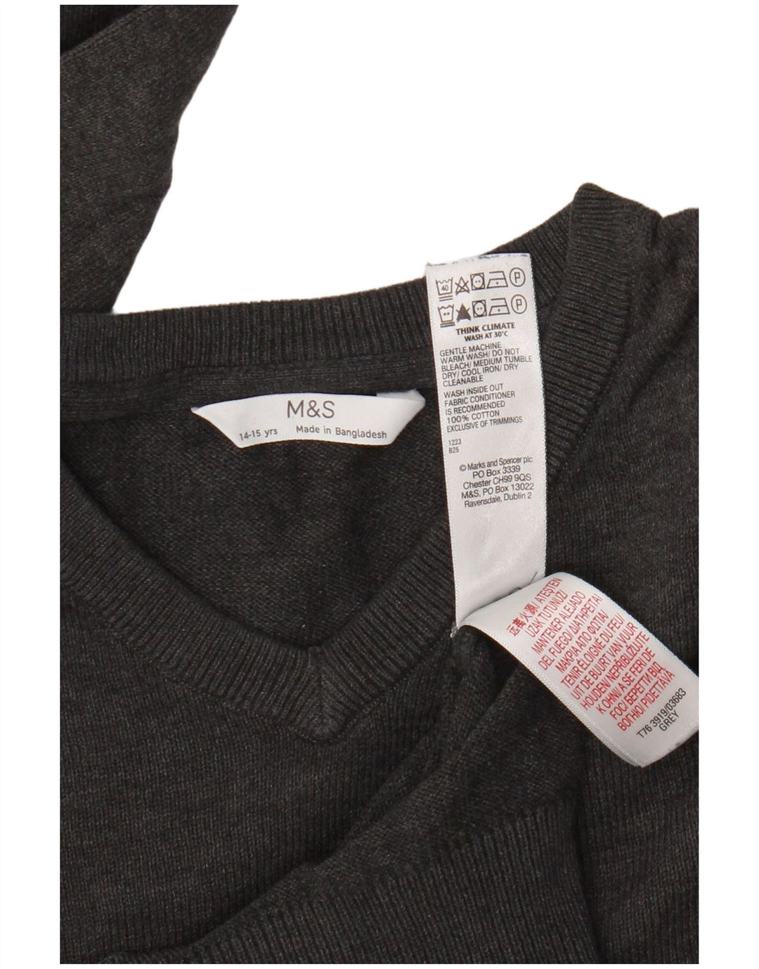 Marks & Spencer Jungen-Pullover mit V-Ausschnitt, 14–15 Jahre, graue Baumwolle