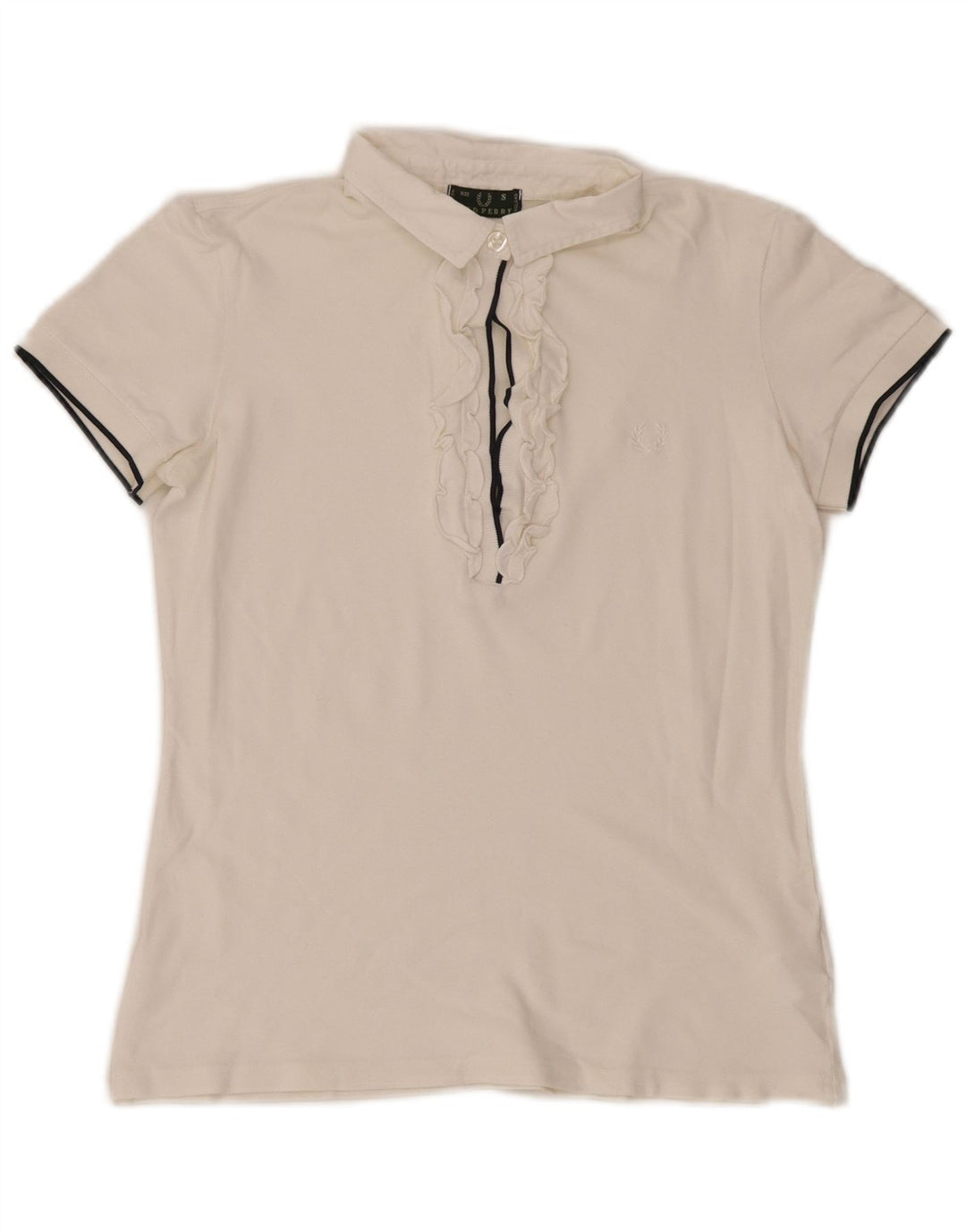 Fred Perry Damen-Poloshirt mit Rüschen vorne, UK 10, Größe S, weiße Baumwolle