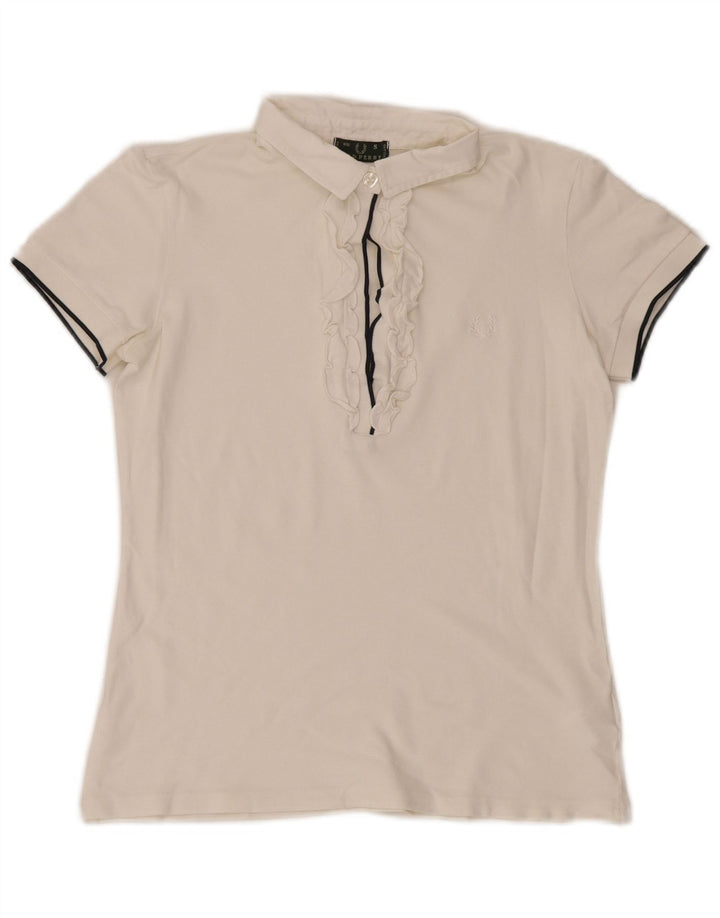 Fred Perry Damen-Poloshirt mit Rüschen vorne, UK 10, Größe S, weiße Baumwolle