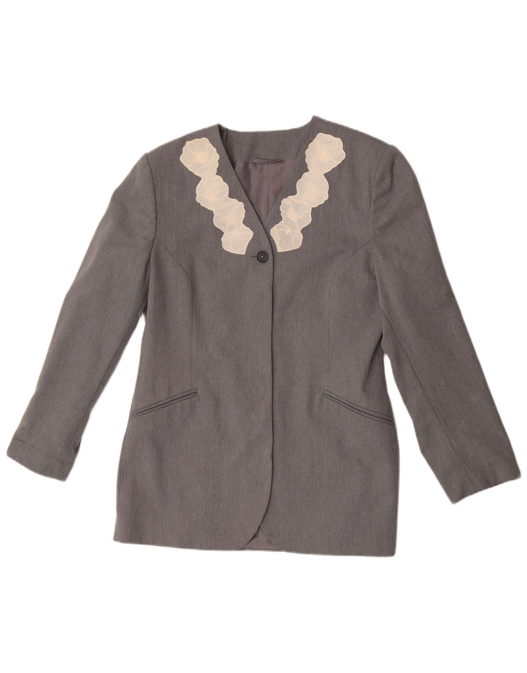 Vintage Damen 1-Knopf-Blazerjacke UK 12 Mittelgraues geblümtes Polyester