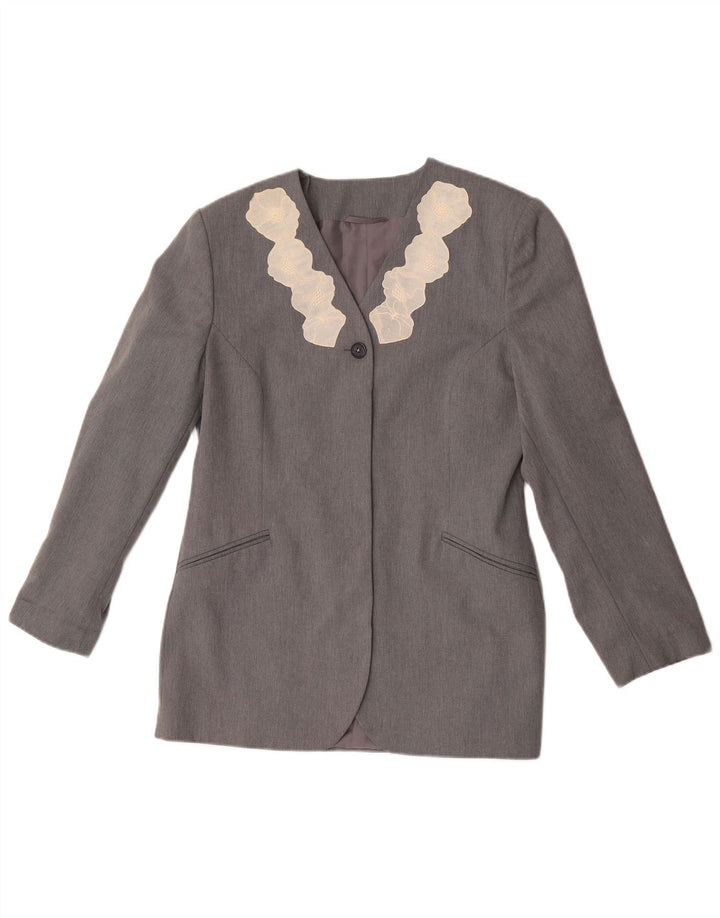 Vintage Damen 1-Knopf-Blazerjacke UK 12 Mittelgraues geblümtes Polyester