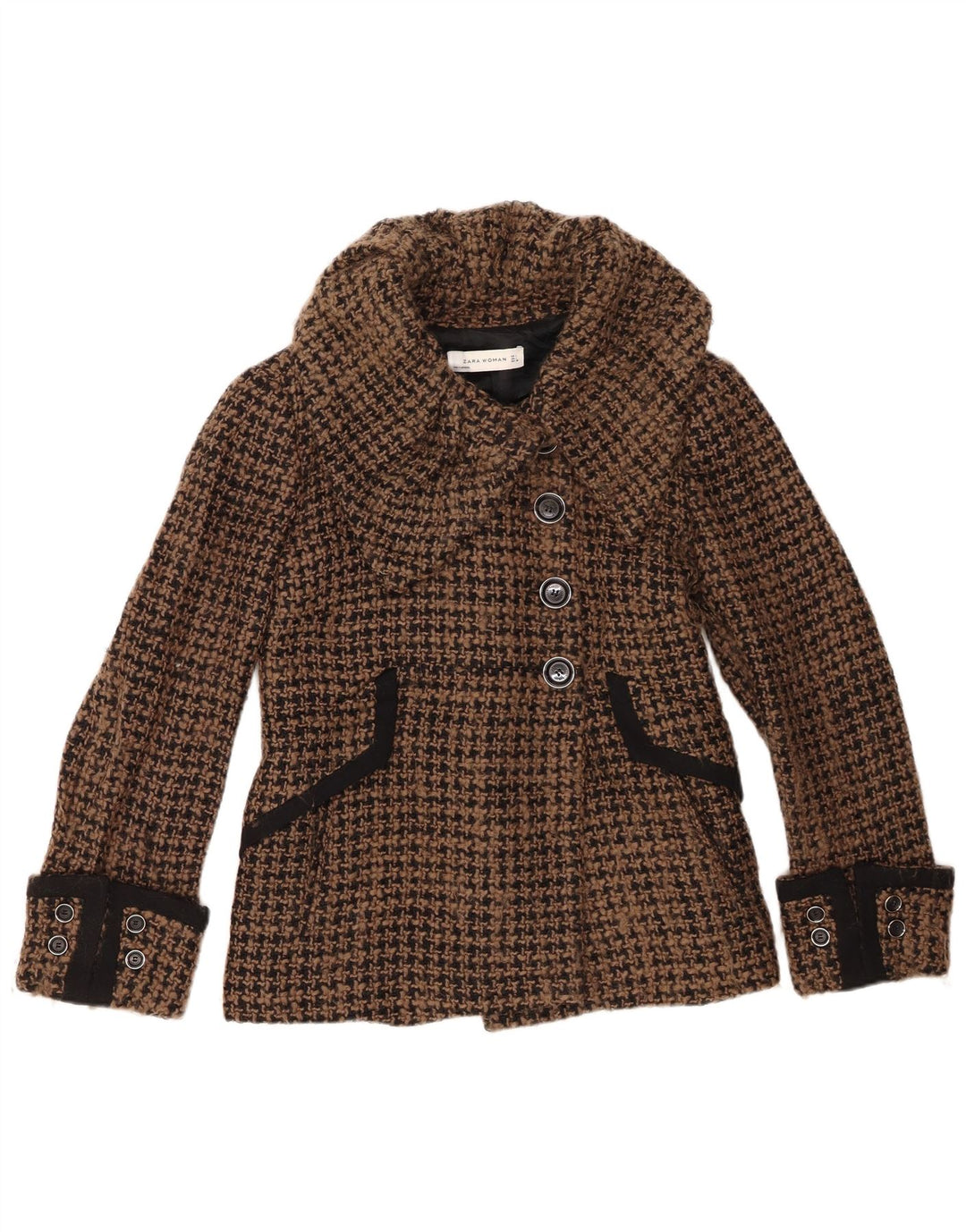 Zara Damen-Blazerjacke mit 4 Knöpfen, UK 16, große braune Wolle mit Hahnentrittmuster