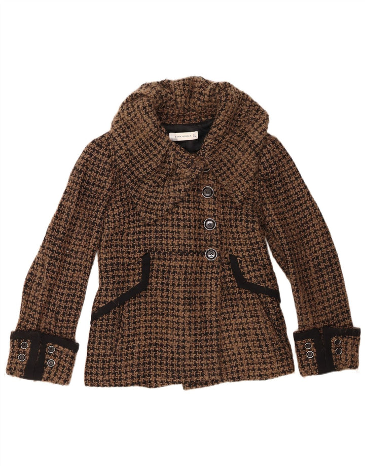 Zara Damen-Blazerjacke mit 4 Knöpfen, UK 16, große braune Wolle mit Hahnentrittmuster