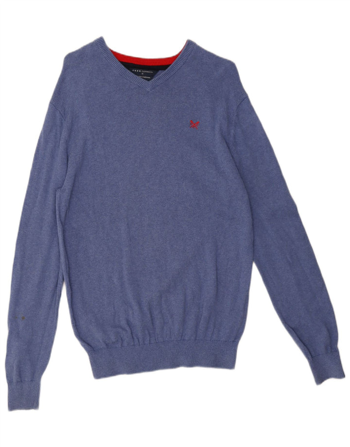 Crew Clothing Herren-Pullover mit V-Ausschnitt aus mittelblauer Baumwolle