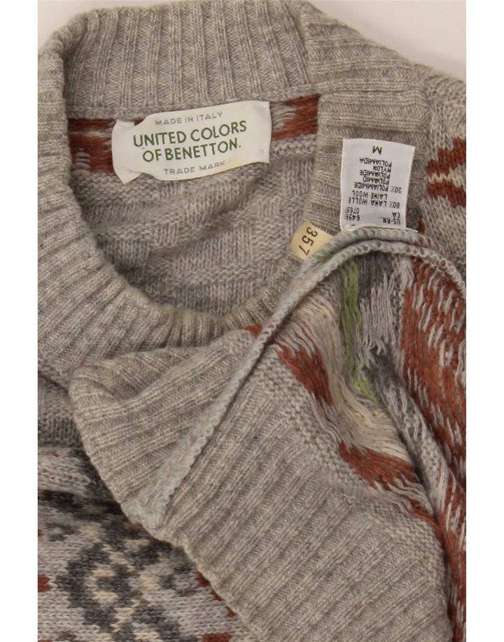 Benetton Herren-Pullover mit Rundhalsausschnitt, mittelgraue Fair-Isle-Wolle