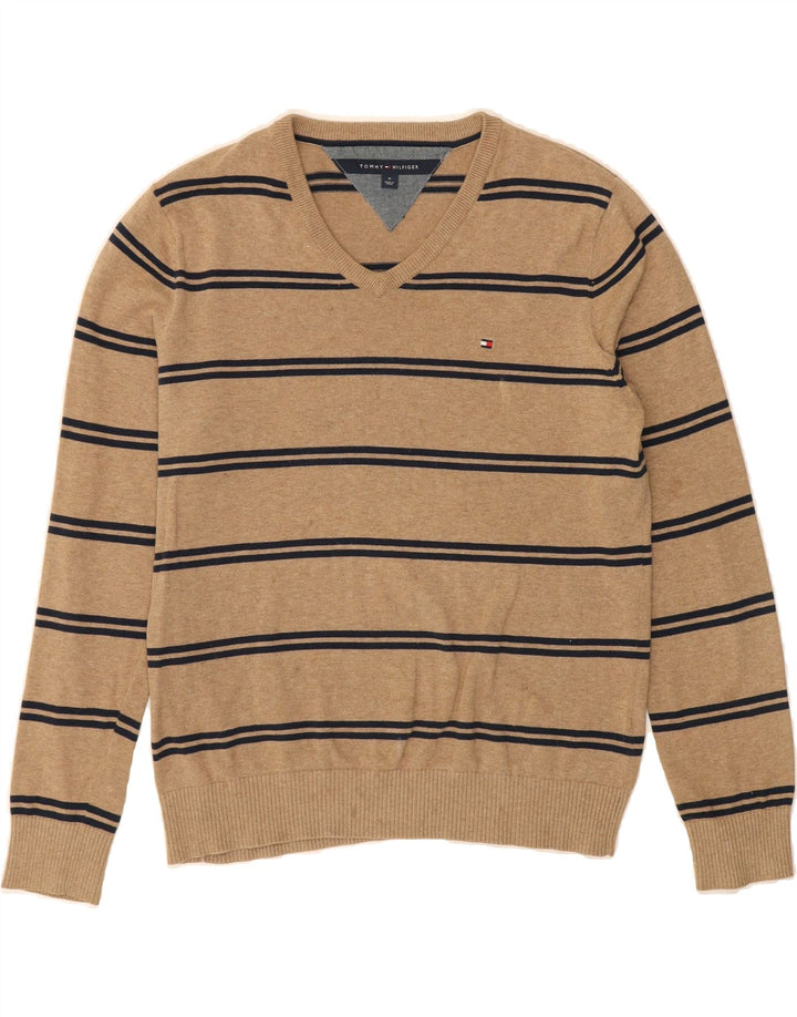 TOMMY HILFIGER Mens V-Neck Jumper Sweater Medium Brown Striped Cotton Vintage Tommy Hilfiger and Second-Hand Tommy Hilfiger from Messina Hembry 