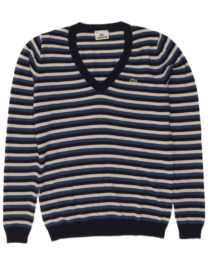 Lacoste Damen-Pullover mit V-Ausschnitt, Größe 38, mittelblaue, gestreifte Wolle